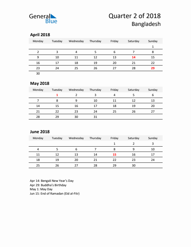 2018 Q2 Three-Month Calendar for Bangladesh