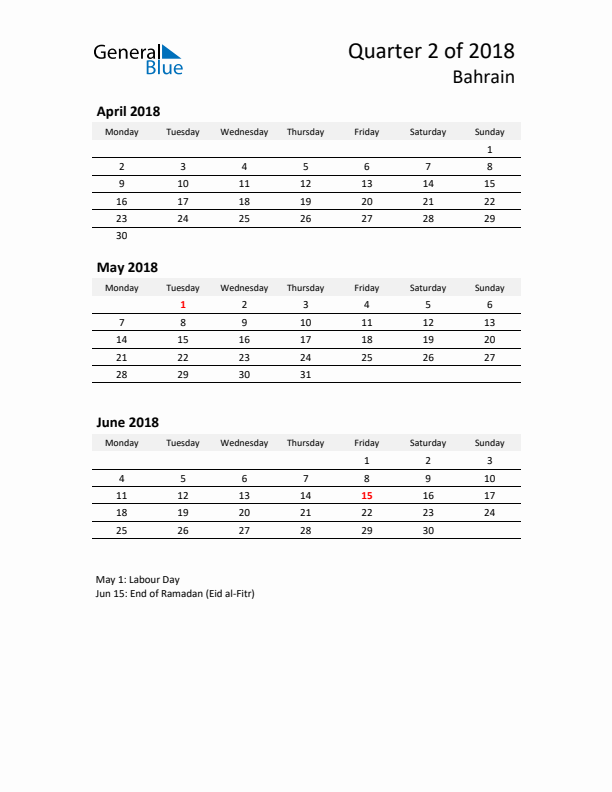 2018 Q2 Three-Month Calendar for Bahrain