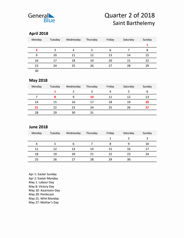 2018 Q2 Three-Month Calendar for Saint Barthelemy