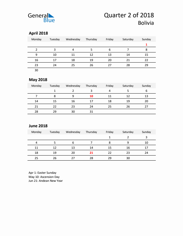 2018 Q2 Three-Month Calendar for Bolivia