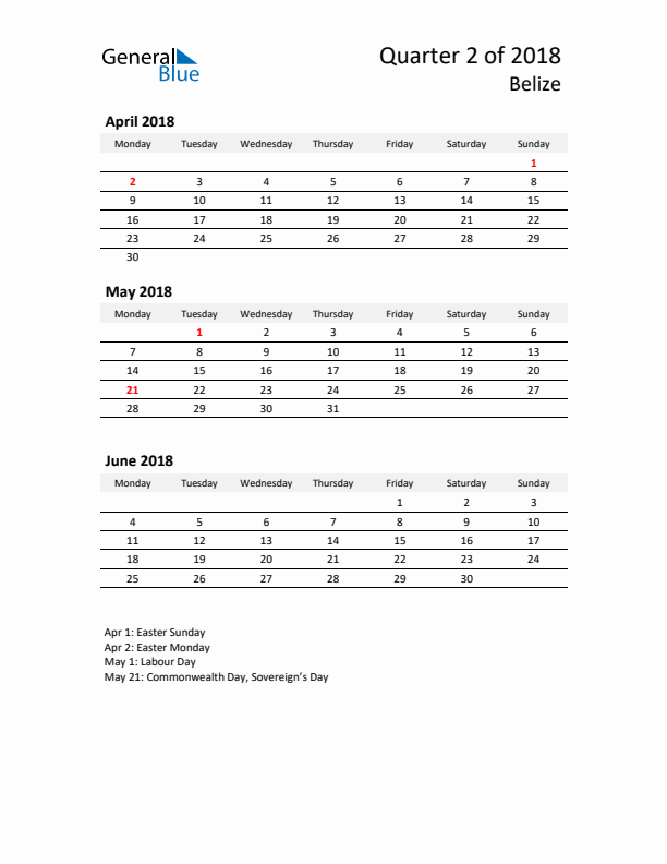 2018 Q2 Three-Month Calendar for Belize