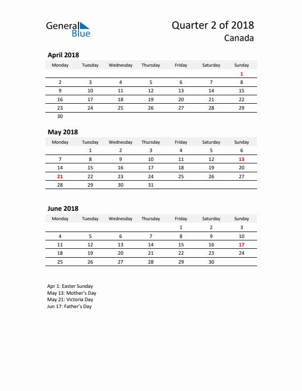 2018 Q2 Three-Month Calendar for Canada