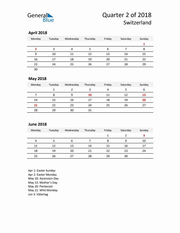 2018 Q2 Three-Month Calendar for Switzerland