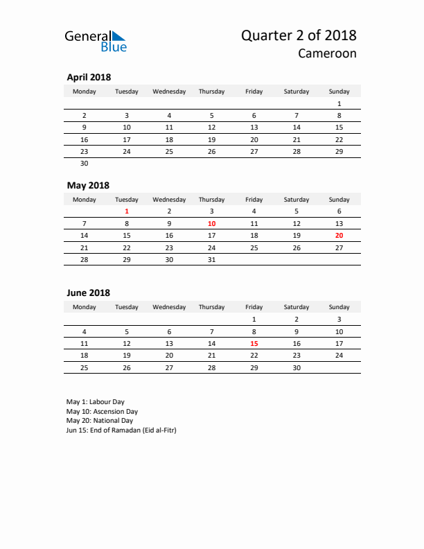 2018 Q2 Three-Month Calendar for Cameroon