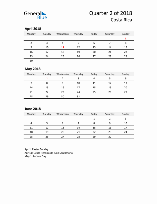 2018 Q2 Three-Month Calendar for Costa Rica