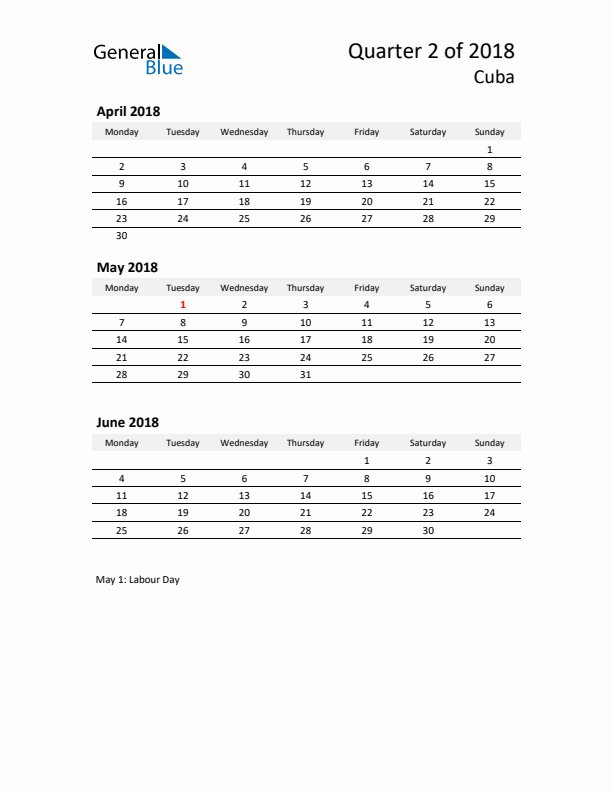 2018 Q2 Three-Month Calendar for Cuba