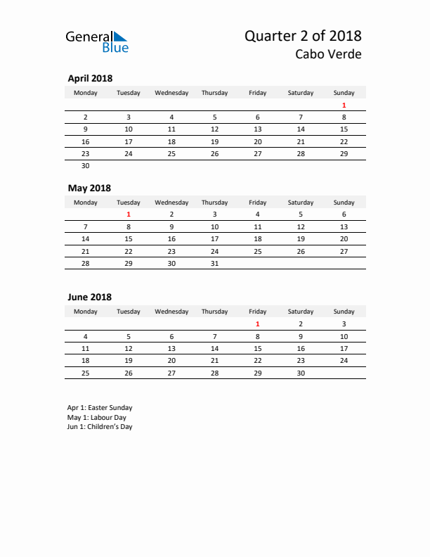 2018 Q2 Three-Month Calendar for Cabo Verde