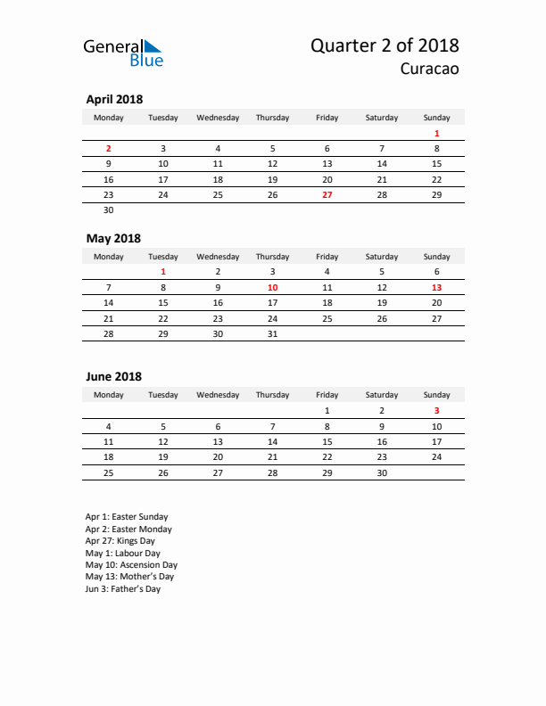 2018 Q2 Three-Month Calendar for Curacao