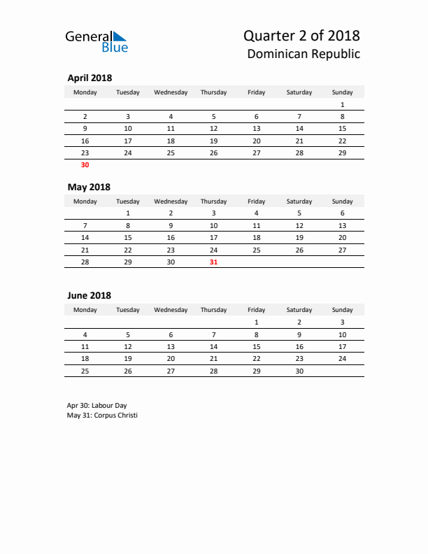 2018 Q2 Three-Month Calendar for Dominican Republic