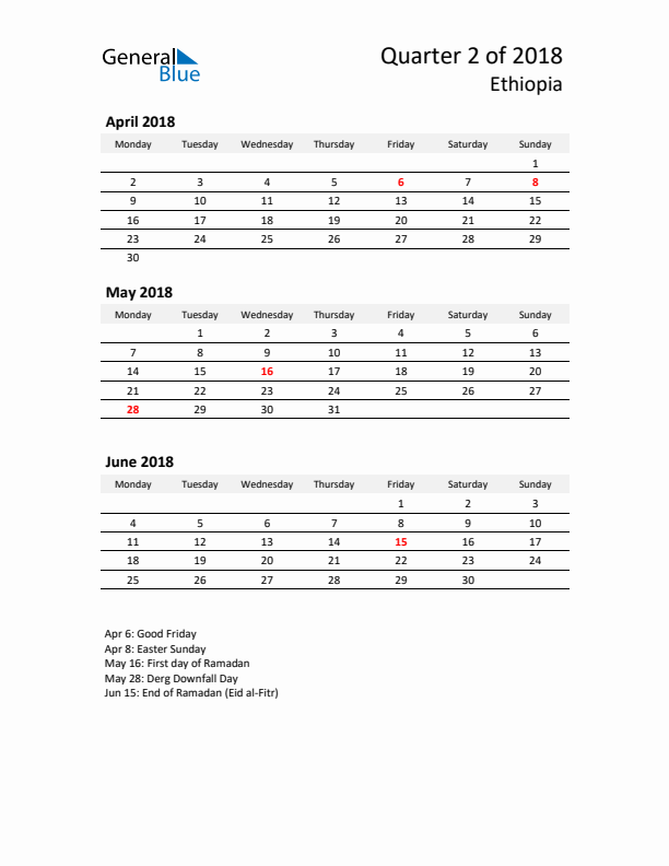 2018 Q2 Three-Month Calendar for Ethiopia