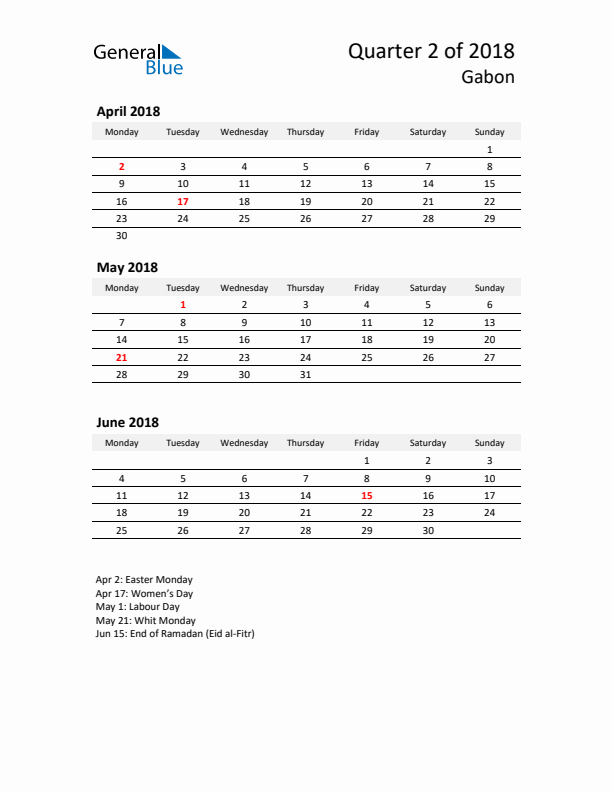 2018 Q2 Three-Month Calendar for Gabon