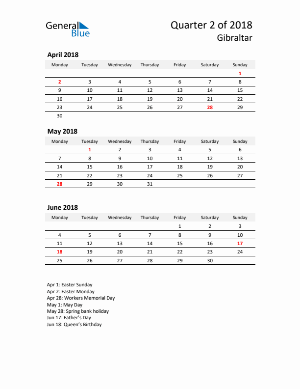 2018 Q2 Three-Month Calendar for Gibraltar