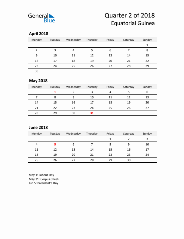 2018 Q2 Three-Month Calendar for Equatorial Guinea