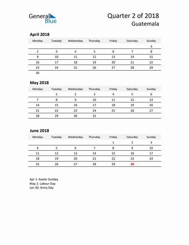 2018 Q2 Three-Month Calendar for Guatemala