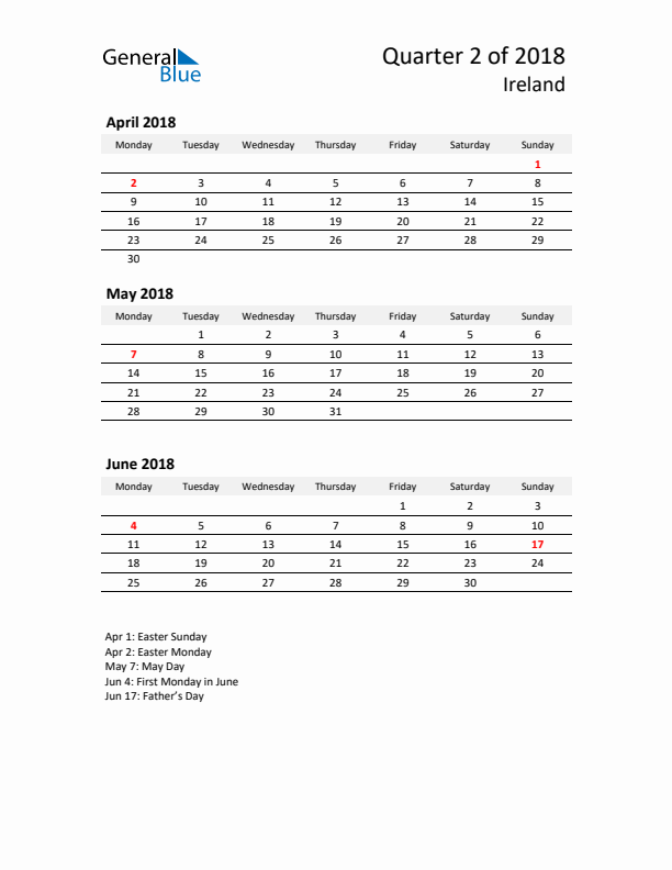 2018 Q2 Three-Month Calendar for Ireland