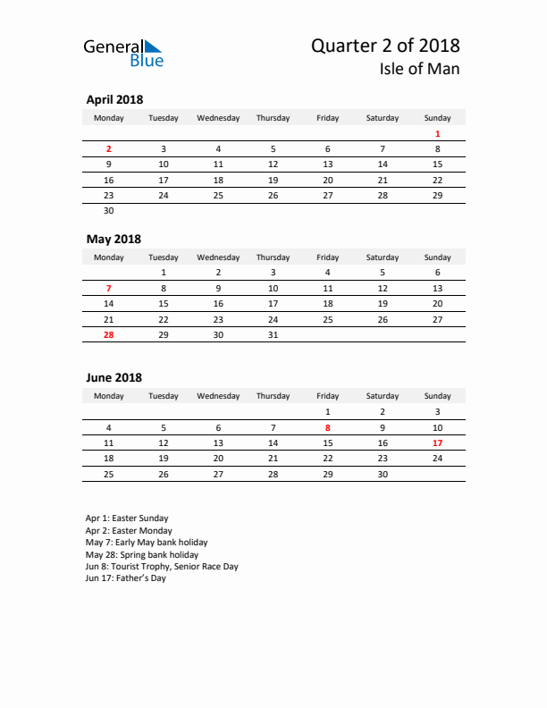 2018 Q2 Three-Month Calendar for Isle of Man