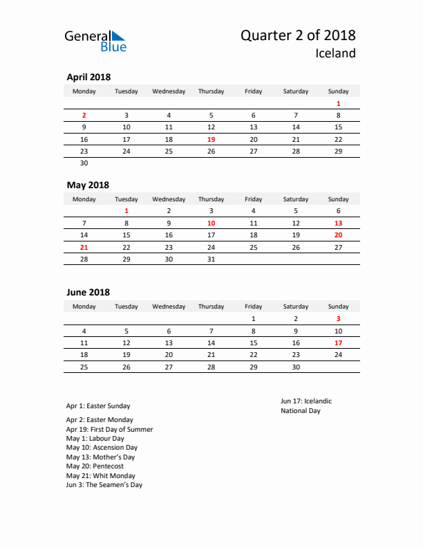 2018 Q2 Three-Month Calendar for Iceland