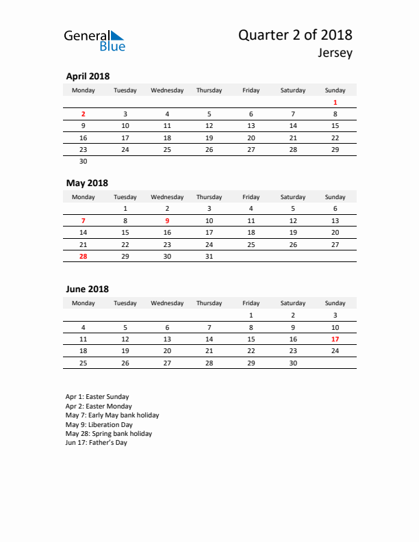 2018 Q2 Three-Month Calendar for Jersey