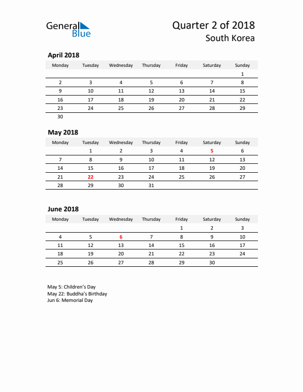 2018 Q2 Three-Month Calendar for South Korea