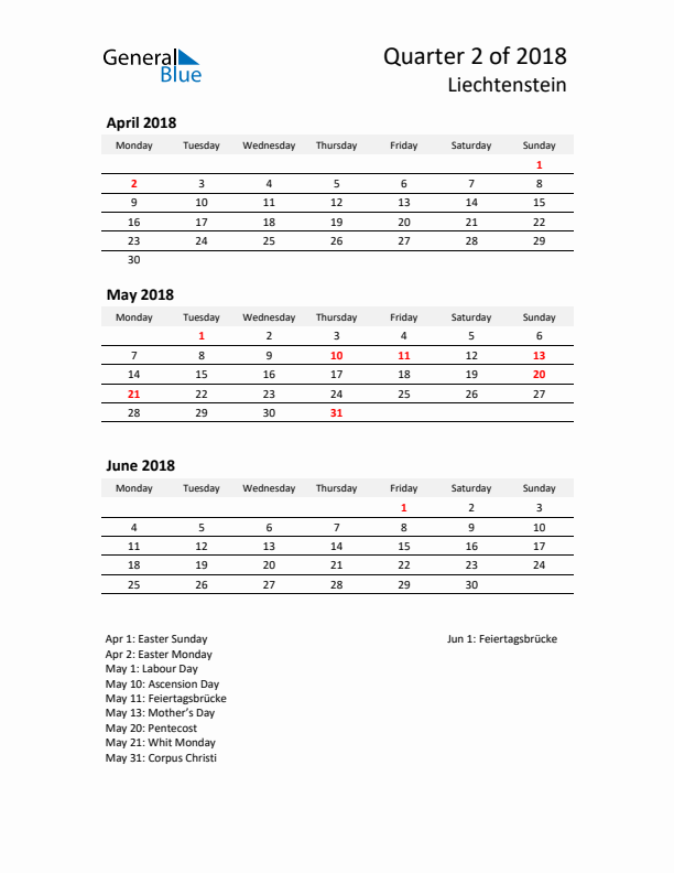 2018 Q2 Three-Month Calendar for Liechtenstein