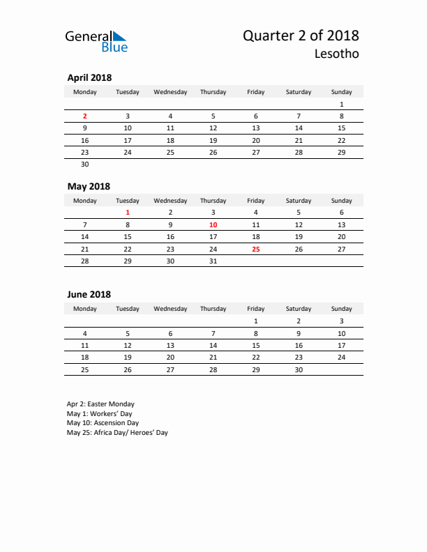 2018 Q2 Three-Month Calendar for Lesotho