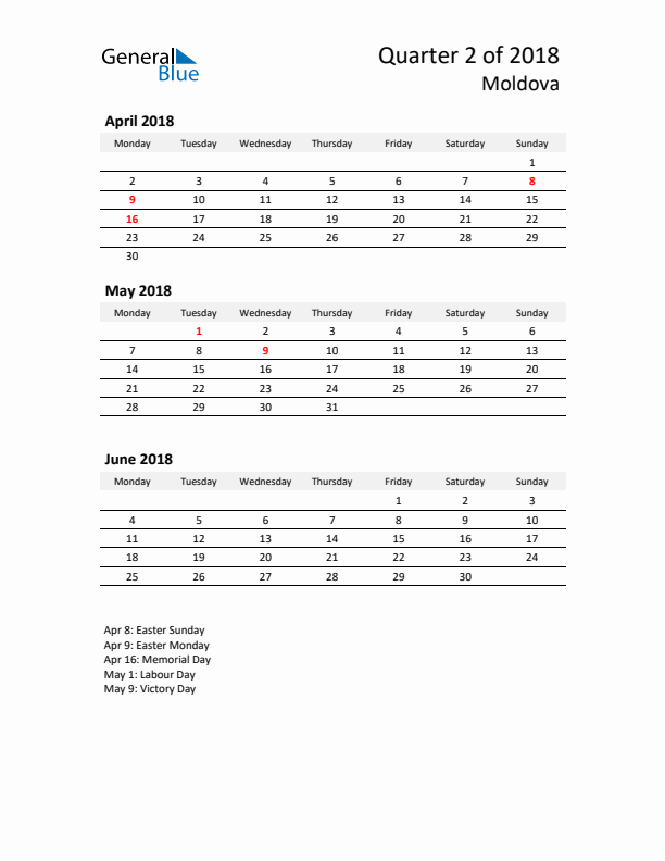 2018 Q2 Three-Month Calendar for Moldova