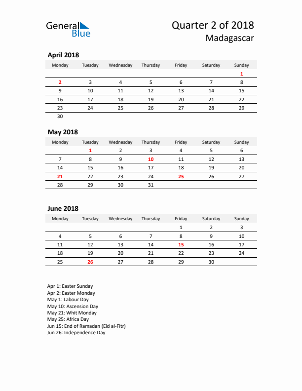 2018 Q2 Three-Month Calendar for Madagascar