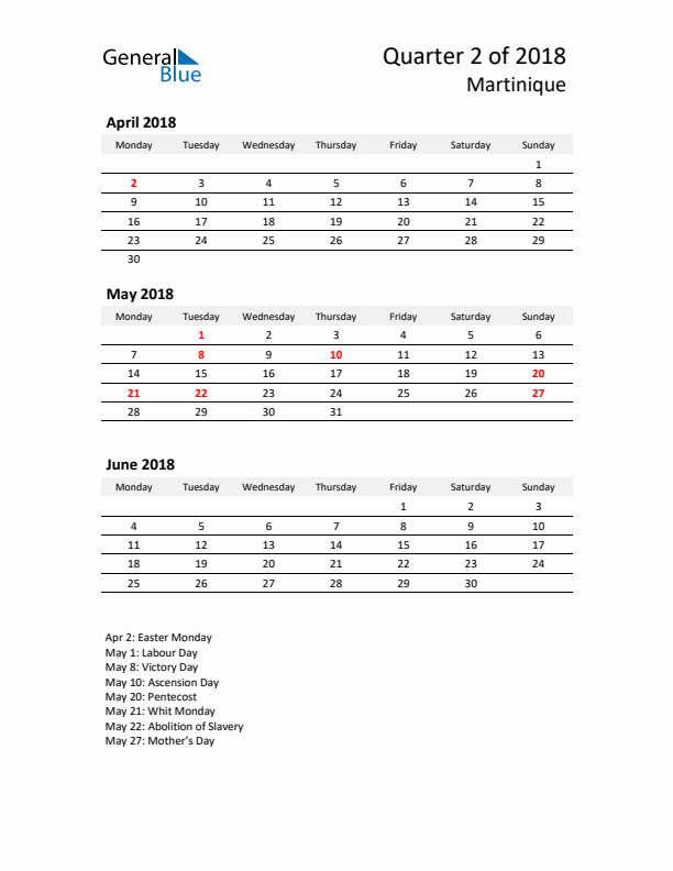 2018 Q2 Three-Month Calendar for Martinique