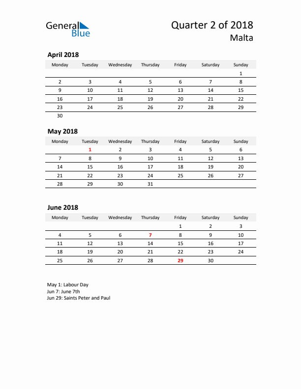 2018 Q2 Three-Month Calendar for Malta