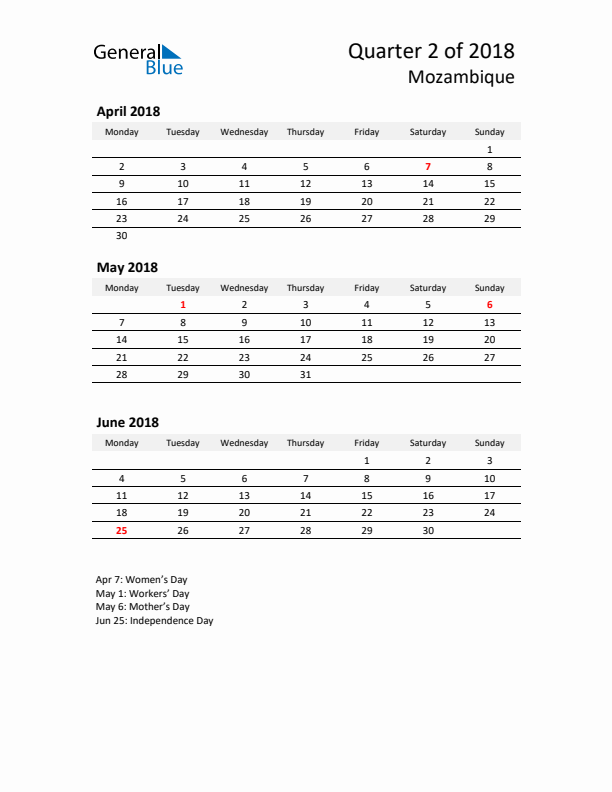 2018 Q2 Three-Month Calendar for Mozambique