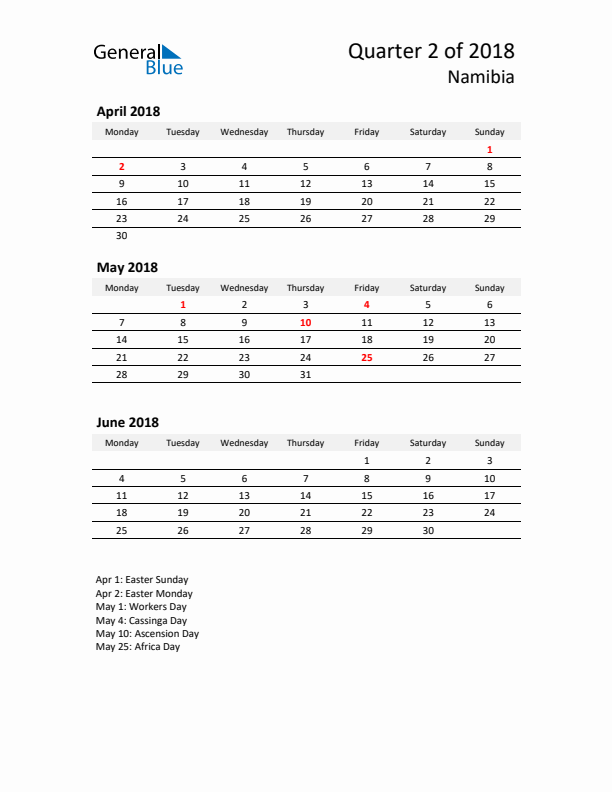 2018 Q2 Three-Month Calendar for Namibia