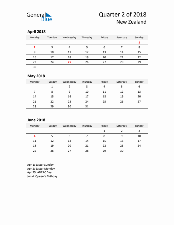 2018 Q2 Three-Month Calendar for New Zealand