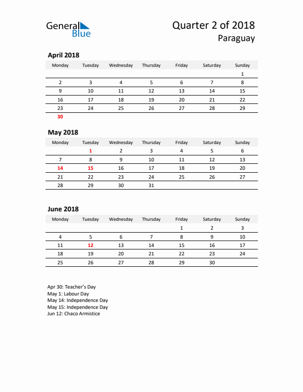 2018 Q2 Three-Month Calendar for Paraguay