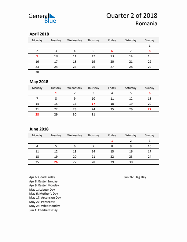 2018 Q2 Three-Month Calendar for Romania