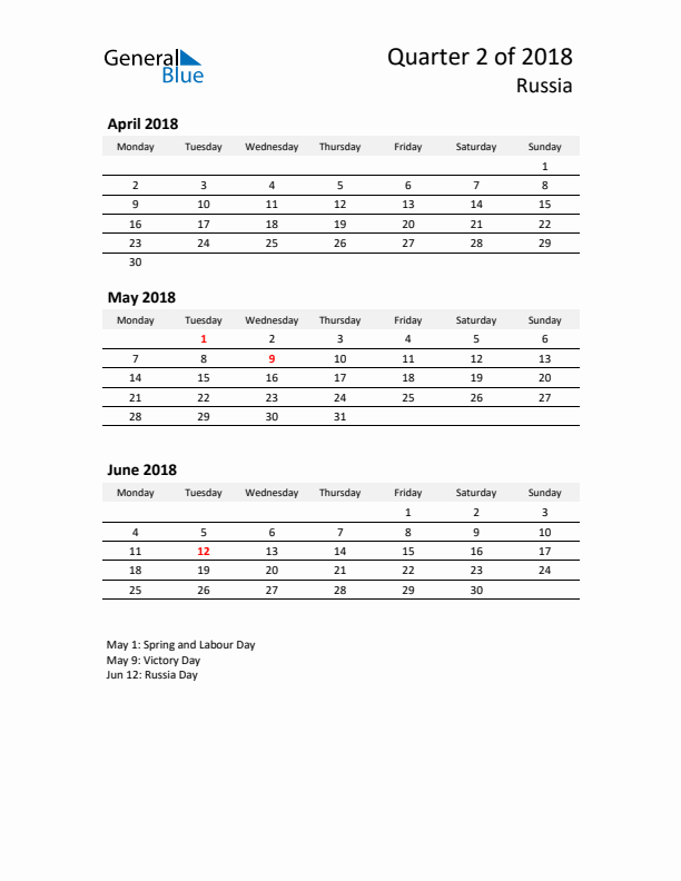 2018 Q2 Three-Month Calendar for Russia