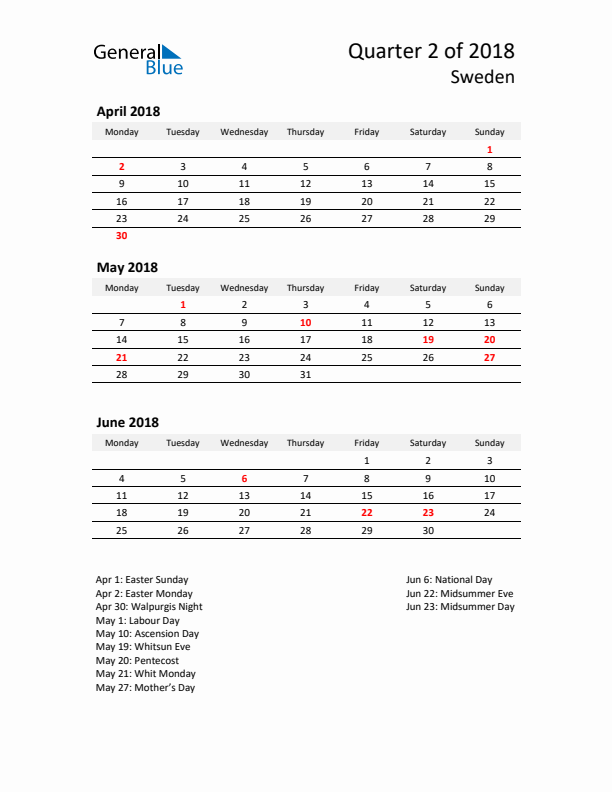 2018 Q2 Three-Month Calendar for Sweden