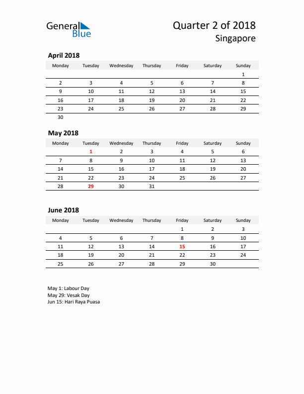 2018 Q2 Three-Month Calendar for Singapore