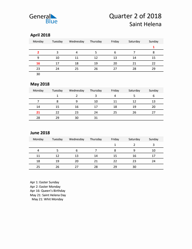 2018 Q2 Three-Month Calendar for Saint Helena