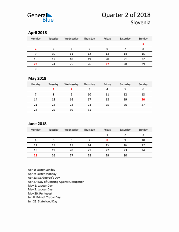 2018 Q2 Three-Month Calendar for Slovenia