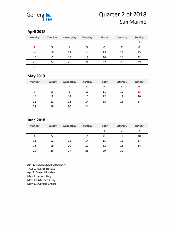 2018 Q2 Three-Month Calendar for San Marino