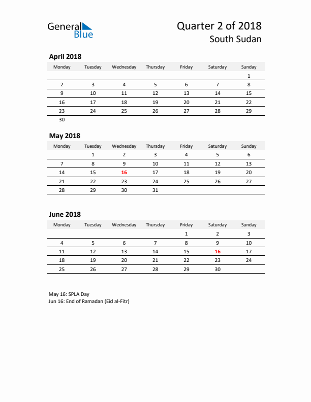 2018 Q2 Three-Month Calendar for South Sudan