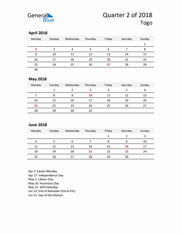 2018 Q2 Three-Month Calendar for Togo