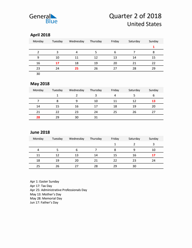 2018 Q2 Three-Month Calendar for United States