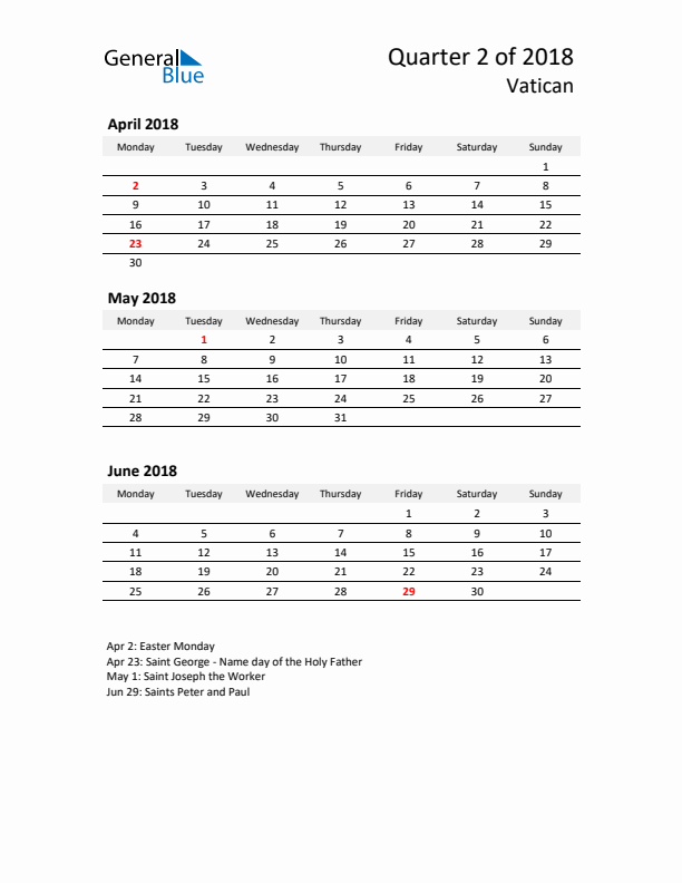 2018 Q2 Three-Month Calendar for Vatican