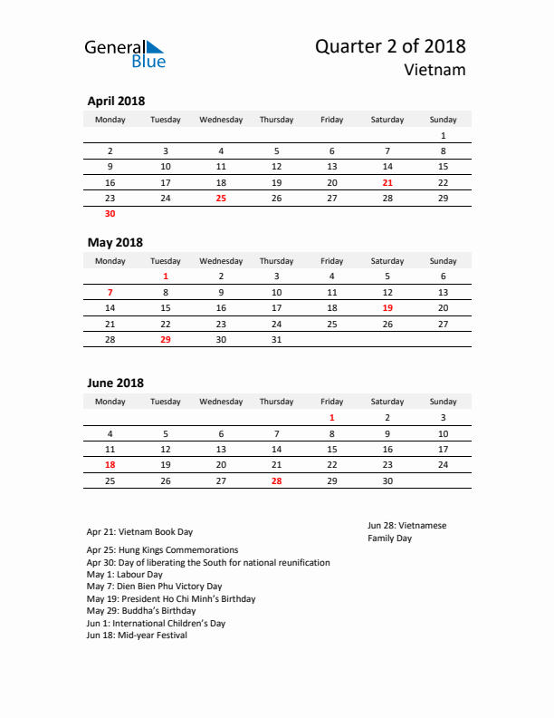 2018 Q2 Three-Month Calendar for Vietnam