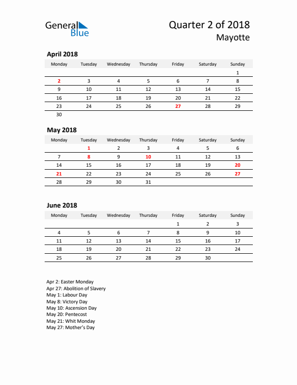 2018 Q2 Three-Month Calendar for Mayotte