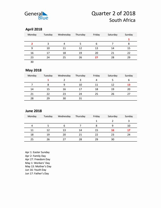 2018 Q2 Three-Month Calendar for South Africa