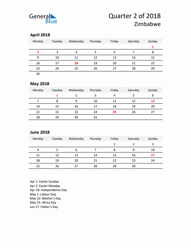 2018 Q2 Three-Month Calendar for Zimbabwe