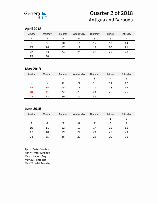 2018 Q2 Three-Month Calendar for Antigua and Barbuda