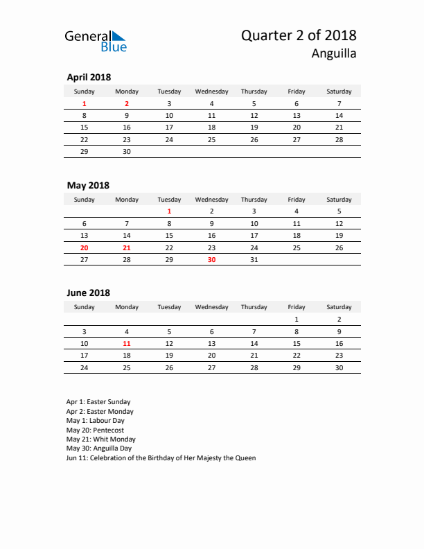 2018 Q2 Three-Month Calendar for Anguilla